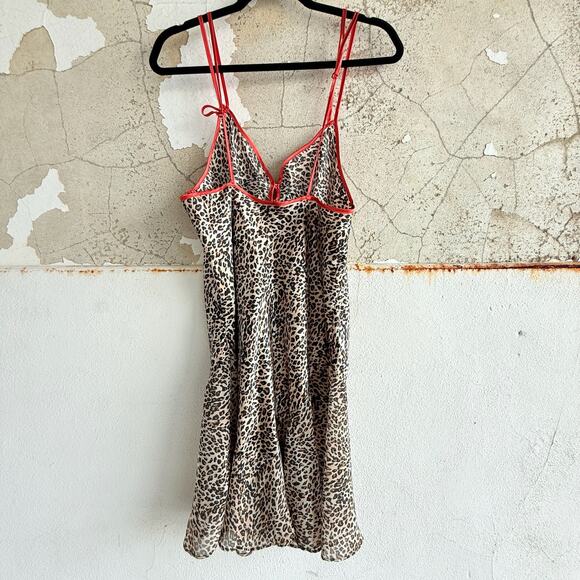 Leopard Print Satin Slip Dress Red Trim Double Strap Lingerie Style M - Picture 4 of 5